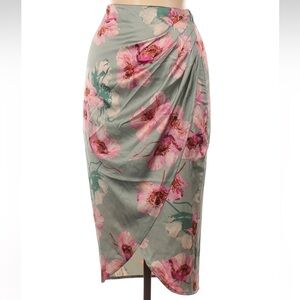 Express Sage Green Satin Tropical Hibiscus Floral Wrap Skirt Size 0 XXS XS NWT